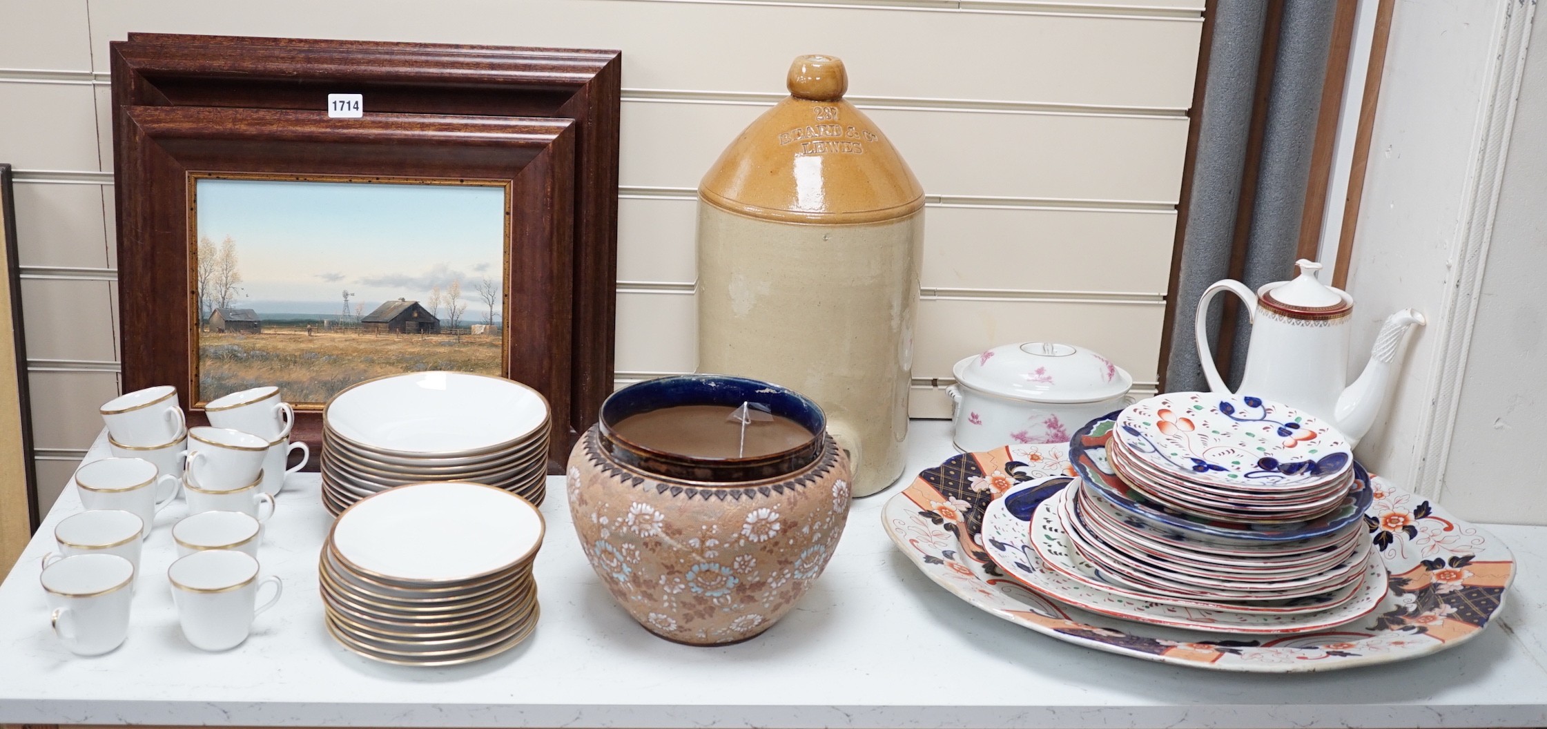 A quantity of various ceramics to include a Doulton Lambeth stoneware jardiniere, a Royal Albert teapot, ironstone dishes etc.